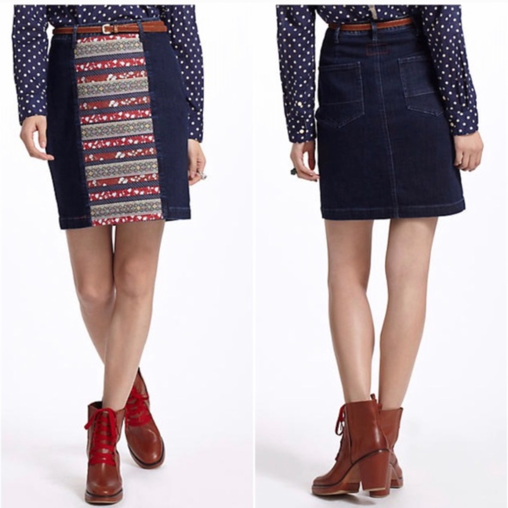 Anthropologie Holding Horses denim skirt 29 M dark ribbon row midi patchwork